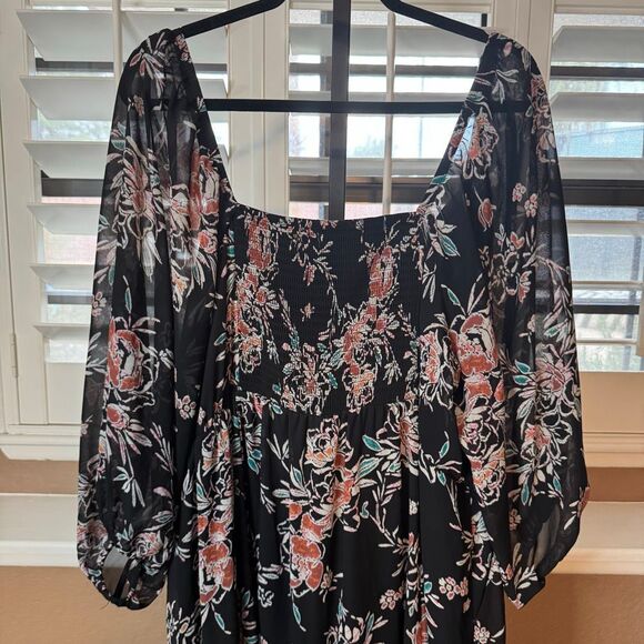 Torrid Size 4X Shirred Bodice Chiffon Maxi Dress Black Floral Dark Fairy Grunge - Picture 5 of 8